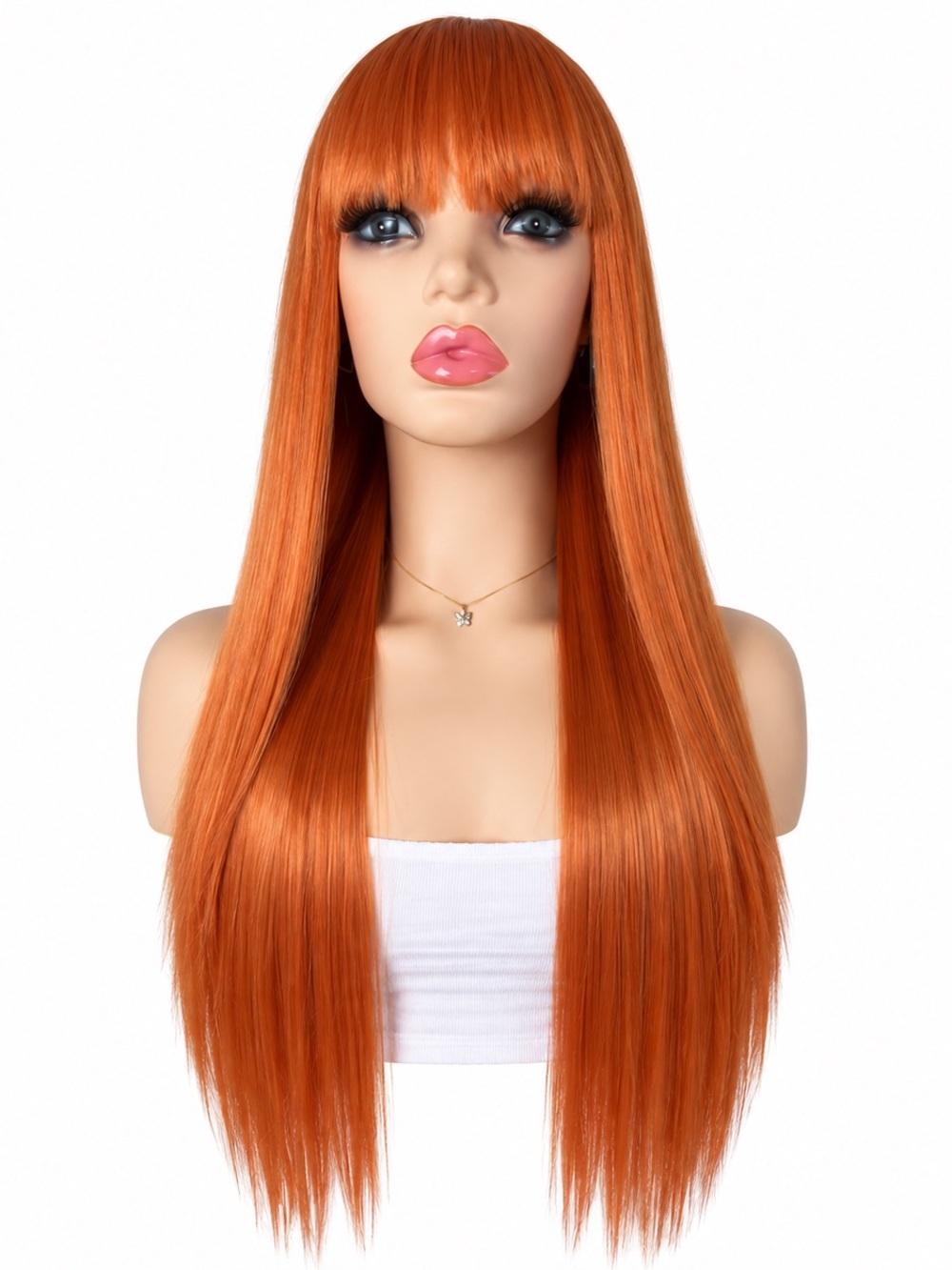 Sleek Long Straight Wig with Blunt Bangs - Copper Red 26 Inches Long
